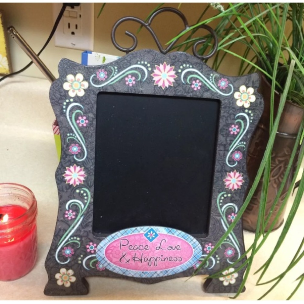 Peace Love and Happiness pink and black chalkboard